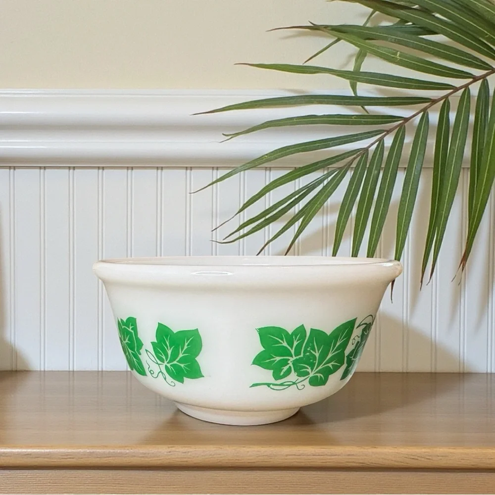 Vintage Hazel Atlas “Ivy” Small Mixing Bowl – Green Leaf Pattern – Milk Glass